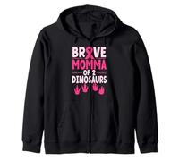 Brave Momma Of 2 Dinosaurs Breast Cancer Awareness Zip Hoodie