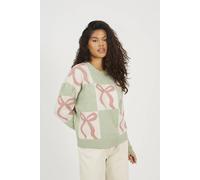Brave Soul Bow Jacquard Knit Jumper In Pale Green Pale Green L