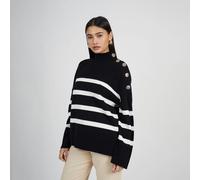 Brave Soul Women's Button Detail Striped Turtleneck Jumper in Black | Size: XS Brave Soul Black XS