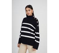 Brave Soul Button Detail Striped Turtleneck Jumper In Black Black M