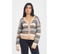 Brave Soul Button Through V-Neck Fairisle Cardigan In Camel Camel XL