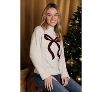 Brave Soul Crew Neck Bow Knitted Jumper - Ivory - Ivory - L