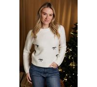 Brave Soul Women's Crew Neck Jumper With Jewel Bow Detail in Cream | Size: Medium Brave Soul Cream M