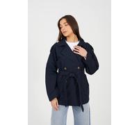 Brave Soul Double Breasted Short Mac With Self Tie Belt In Navy Navy 14