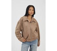 Brave Soul Women's Faux Suede Bomber Jacket in Taupe | Size: 14 Brave Soul Taupe 14