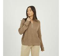 Brave Soul Half Zip Funnel Neck Fisherman Knit Jumper - Beige - Beige - L