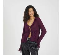 Brave Soul Long Sleeve Mesh Ruffle Tie Front Blouse - Burgundy - Burgundy - S