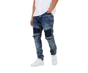 Brave Soul Mens Biker Slim Fit Jeans Dark Blue Wash Panel Details 30W R |RRP£49