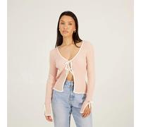 Brave Soul Ribbed Knitted Cardigan with Bow Fastening - Pale Pink - Pale Pink - M
