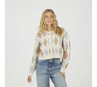 Brave Soul Round Neck Argyle Knit Cardigan - Cream - Cream - L