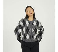 Brave Soul Round Neck Argyle Knit Cardigan - Grey - Grey - XS
