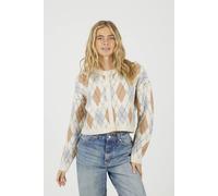 Brave Soul Women's Round Neck Argyle Knit Cardigan in Cream | Size: Small Brave Soul Cream S