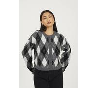 Brave Soul Round Neck Argyle Knit Cardigan In Grey Grey L