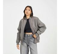 Brave Soul Ruched Sleeve Oversized Bomber Jacket - Charcoal - Charcoal - 14
