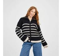 Brave Soul Stripe Zip Through Fisherman Knit Jumper - Black - Black - XL