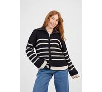 Brave Soul Stripe Zip Through Fisherman Knit Jumper In Black Black S