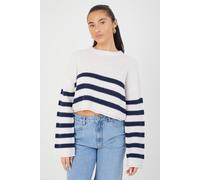 Brave Soul Striped Cropped Knitted Jumper In White White M