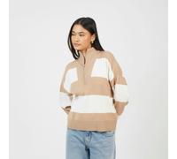Brave Soul Women's Striped Half Zip Knitted Jumper in Camel | Size: Large Brave Soul Camel L