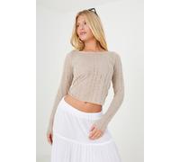 Brave Soul Textured Mesh Long Sleeve Top In Taupe Taupe XS