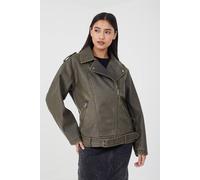 Brave Soul Vintage Pu Oversized Biker Jacket In Khaki Khaki 14