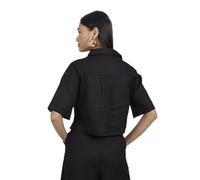 BRAVE SOUL Womens Carrie Cropped Cotton Shirt Black M Short Sleeves Button-Through Collar