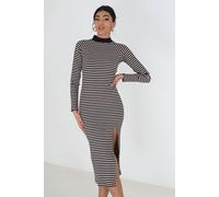 Brave Soul Women's Cotton Blend Midi Rib Knit Stripe Dress with Split in Black | Size: XL Brave Soul Black XL