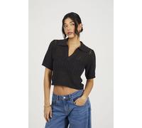 Brave Soul Women's Pointelle Knit Collared T-Shirt in Black | Size: Medium Brave Soul Black M