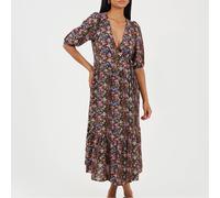 Brave Soul Womens V-Neck Three Quarter Sleeve Midi Wrap Dress in Black Combo - Size 12 UK