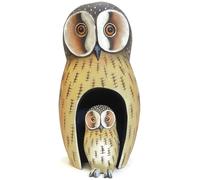 Brave Wings Hand Carved Wooden Owl ~ Mother Owl and Owlette 20cm High ~ Ornament Sculpture Figurine Statue Unique Table Decoration Home Decor ~ 4281