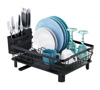 BRAVECOW Dish Drainer Rack with Detachable Drip Tray & Utensil Holder Swivel Drain Spout, Space-Saving Kitchen Sink Stainless Steel Drying Rack Organizer (Large)