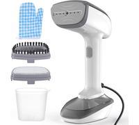 BRAVECOW Handheld Fabric Steamer, Fast Ceramic Heat-Up, 2-in-1 Ironing Wrinkle Remover with Lint Brush, Glove, Measuring Cup for Clothes Home Travel (White)