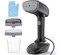 BRAVECOW Handheld Fabric Steamer, Fast Ceramic Heat-Up, 2-in-1 Ironing Wrinkle Remover with Lint Brush, Glove, Measuring Cup for Clothes Home Travel (Black)