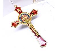 BRAVECOW Vintage Wall Decoration Wood Metal Hand Hold Cross Crucifix Jesus Holy Religious Carved Christ (Red)