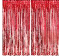 BRAVESHINE 2PCS Red Foil Fringe Curtain Backdrop, 3.2x8.2 ft Sparkle Tinsel Metallic Curtains for Christmas Birthday Photo Booth Backdrop Valentines Halloween Mexican Circus New Year Party Decorations