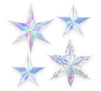 BRAVESHINE 4PCS 3D Iridescent Star Decorations Hanging Ornaments Decorations - Iridescent Foil Stars Snowflakes Party Decorations for Birthday Frozen Winter Mermaid Ocean Sea Christmas New Years Party