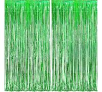 BRAVESHINE Green Tinsel Foil Fringe Curtain Party Backdrop - 2PCS 3.2x8.2ft Sparkle Tinsel Metallic Curtains for Birthday Dinosaur Hawaiian Jungle Football Graduation St Patricks Day Party Decorations