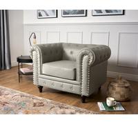 Bravich 1-Seater Chesterfield Arm Chair - Creamy Grey Faux Leather With Gold Studs, Removable Cushions & Wooden Feet