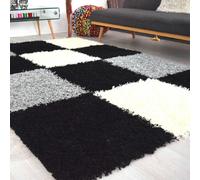 Bravich Black & Grey Checked Thick Shaggy Rug - California - 60X110Cm (2'x3'7")
