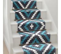 Bravich Blue & Grey Geometric Tiles Hallway Runner Rug, Hessian Backed Flexible Stair Carpet Runner, Extra Long Length, Ideal for Stairs, Hallways & Kitchens 60x240CM (2'X8')