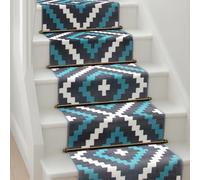 Bravich Blue & Grey Geometric Tiles Hallway Runner Rug, Hessian Backed Flexible Stair Carpet Runner, Extra Long Length, Ideal for Stairs, Hallways & Kitchens 60x450CM (2'X15')