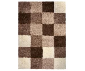 Bravich Brown Beige Ivory Checked Shaggy Rug, 5cm Pile, 120 x 170 cm | size 4' x 5'6", Large living room lounge bedroom rugs, shed free polypropylene, kitchen, hessian backing, stain resistant