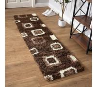 Bravich Cubes-brown Cube Shaggy Rug, 5cm Pile, 60 x 230 cm (2' x 7'7") | hessian backing, shed free polypropylene, stain resistant hypoallergenic, floor, thick, underfloor heating safe, non shedding