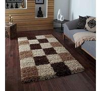 Bravich Extra Large Brown Beige Mocha and Ivory Checked Pattern Geometric Square Design Mix Thick Shag 5cm Super Soft High Deep Pile Shaggy Area Rug/Living Room Rug Carpet 160x230 cm (5ft3 x 7ft7)