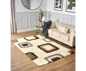 Bravich Extra Large Cream Brown Beige and Ivory Cube Boxed Pattern Geometric Square Design Mix Thick Shag 5cm Super Soft High Deep Pile Shaggy Area Rug/Living Room Rug Carpet 160x230 cm (5ft3 x 7ft7)
