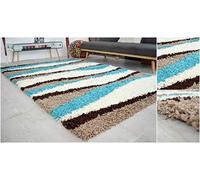 Bravich Extra X-Large Beige Brown Teal Blue and Ivory Wave Pattern Stripes Wavy Design Mix Super Soft High Deep Pile Shaggy Area Rug/Living Room Rug Carpet 200 x 290 cm (6ft7 x 9ft6)