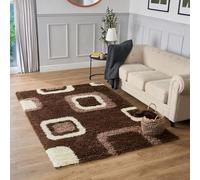 Bravich Extra X-Large Brown Beige and Ivory Cube Boxed Pattern Geometric Square Design Mix Thick Shag 5cm Super Soft High Deep Pile Shaggy Area Rug/Living Room Rug Carpet 200 x 290 cm (6ft7 x 9ft6)