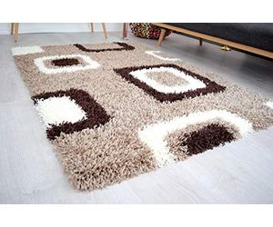 Bravich Extra X-Large Brown Beige and Ivory Cube Boxed Pattern Geometric Square Design Mix Thick Shag 5cm Super Soft High Deep Pile Shaggy Area Rug/Living Room Rug Carpet 200 x 290 cm (6ft7 x 9ft6)