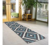 Bravich Hard Wearing Hessian Backed Stair Runner Kitchen Mat - Texas Blue & Grey Geometric Tiles - 60X600Cm (2'x20')
