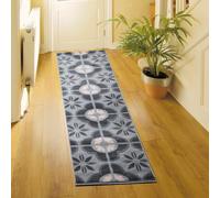 Bravich Hard Wearing Hessian Backed Stair Runner Kitchen Mat - Texas Pink & Grey Floral Tiles - 60X720Cm (2'x24')