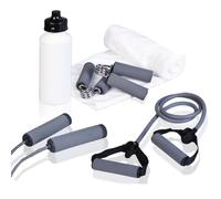 Bravich Home Training Fitness All in one Complete Gym Equipment Set - Grey | Complete Gym Equipment with Jump Rope, Resistance Band, Hand Grips, 500ml Bottle, Towel & Drawstring Bag